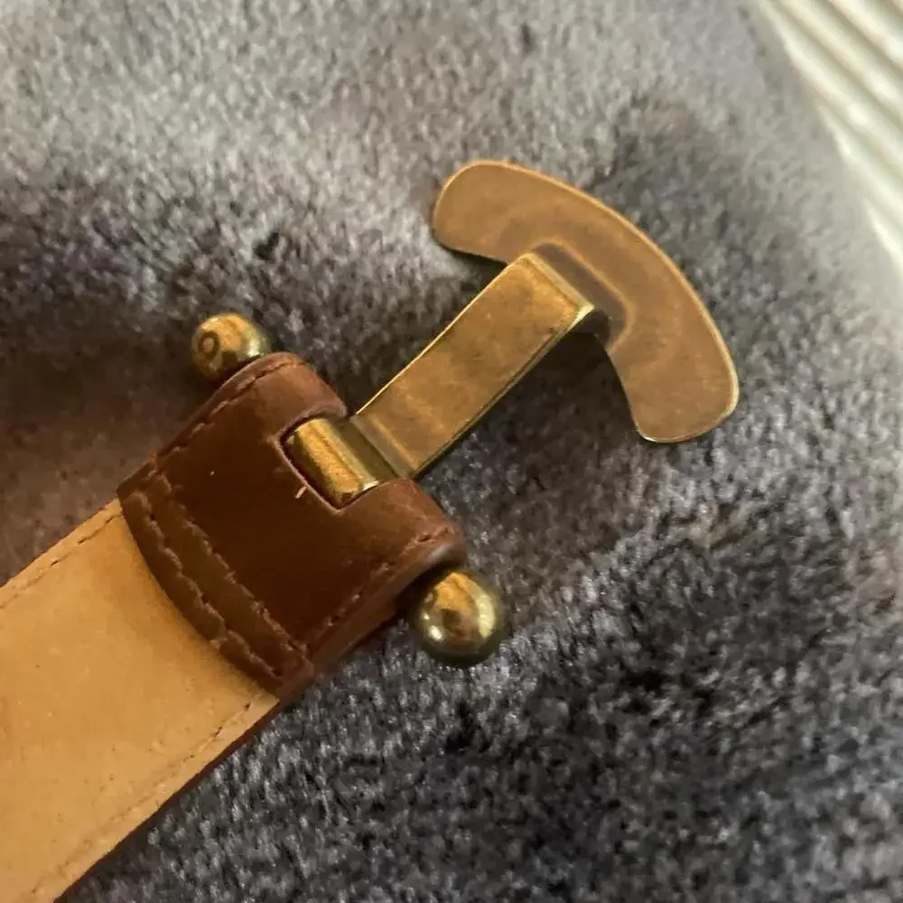 Vintage Style Brown Leather Belt with Antique Gold L-Bar Oval Buckle